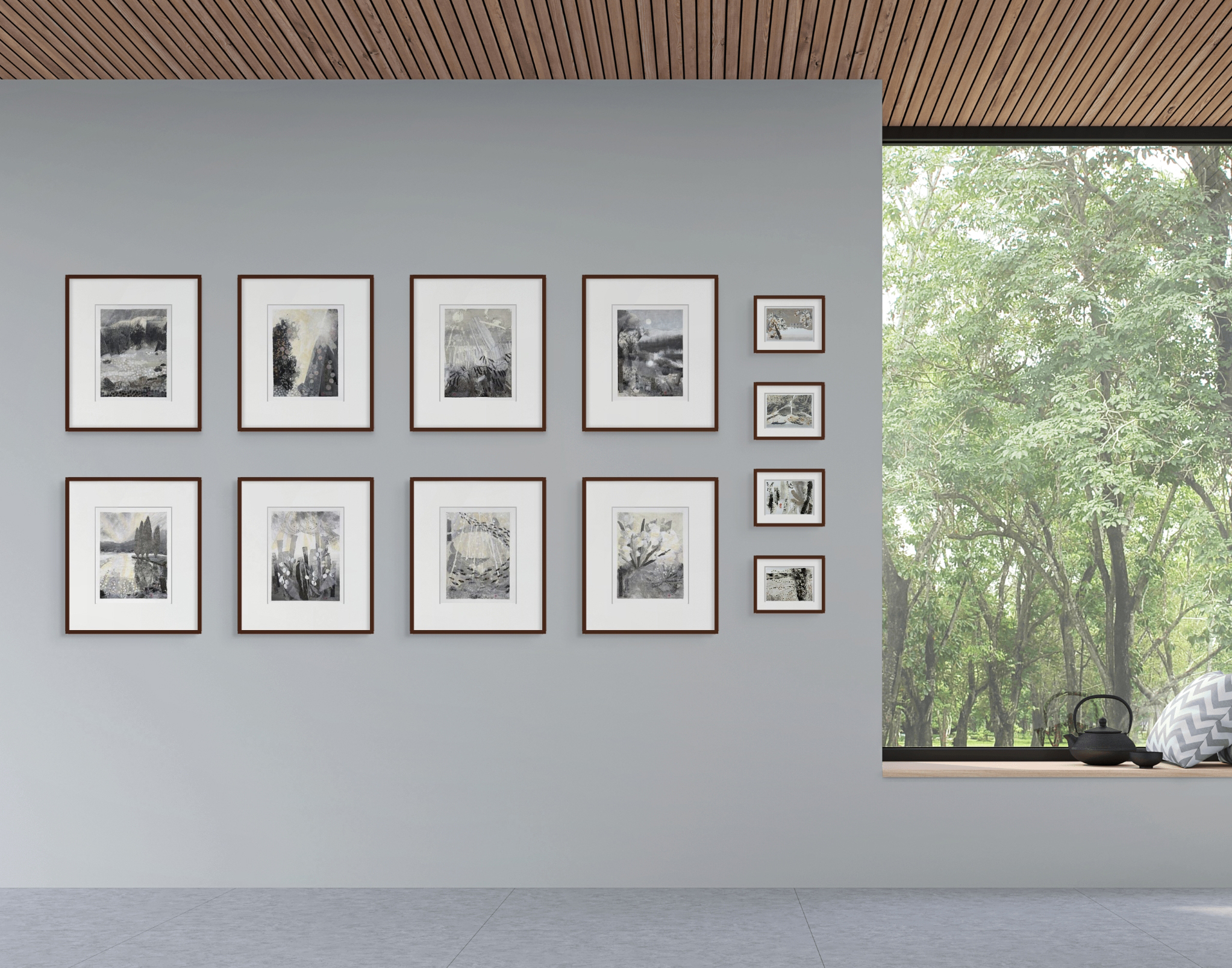 Visualization of a gallery wall with 12 abstract works.